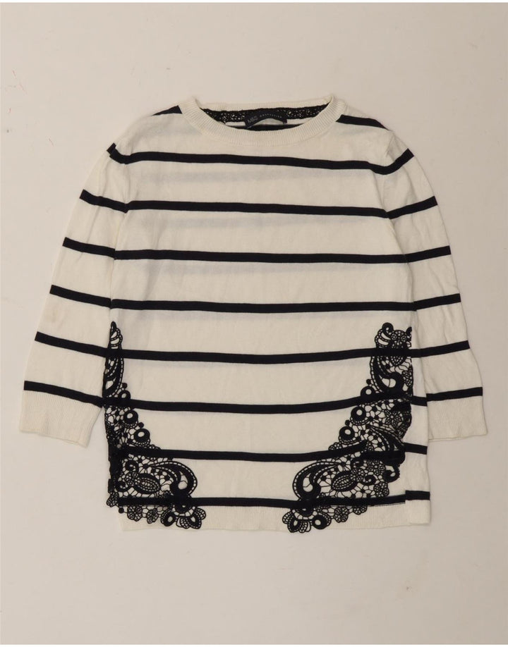 Top feminino Marks & Spencer manga 3/4 UK 8 pequeno algodão listrado branco