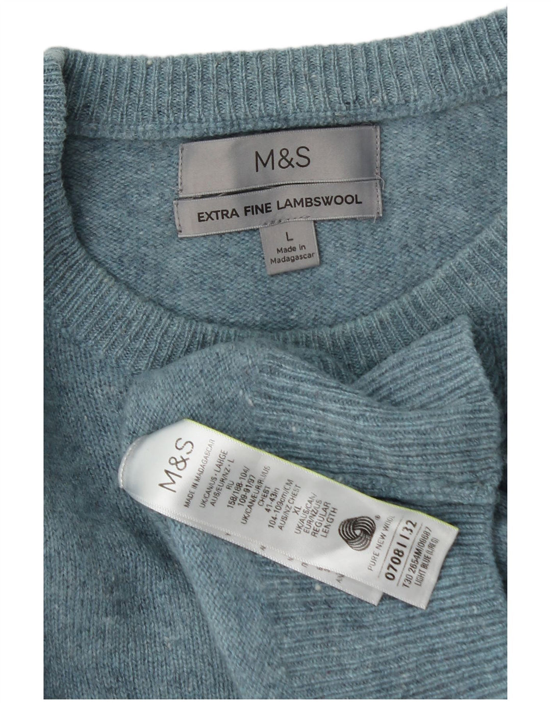 Suéter masculino Marks & Spencer com gola redonda, grande, azul, lã nova