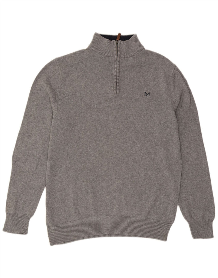 Suéter masculino Crew Clothing com zíper e gola alta de algodão cinza