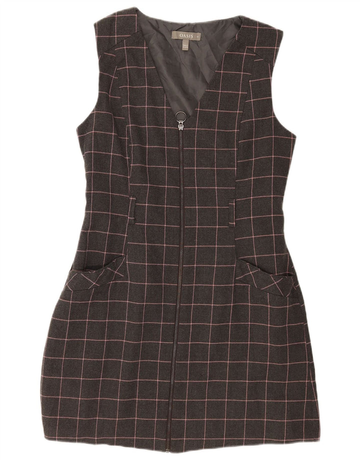 Vestido feminino Oasis sem mangas com bainha UK 14 poliéster xadrez cinza médio
