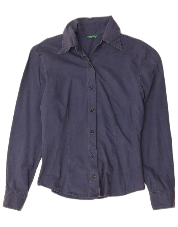 Camisa feminina Benetton UK 10 pequena algodão azul marinho