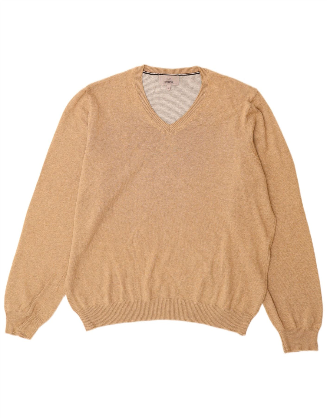 Suéter masculino Marks & Spencer com decote em V, grande algodão bege