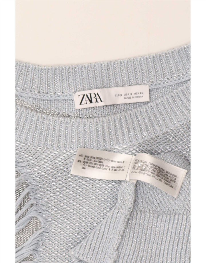 Suéter feminino Zara com gola canoa grande e desgastado Reino Unido 10 pequeno azul