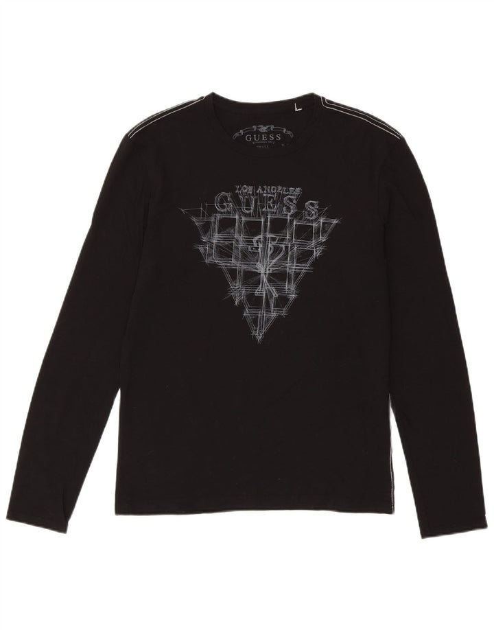 Guess Mens Gráfico Top Manga Longa Pequeno Algodão Preto