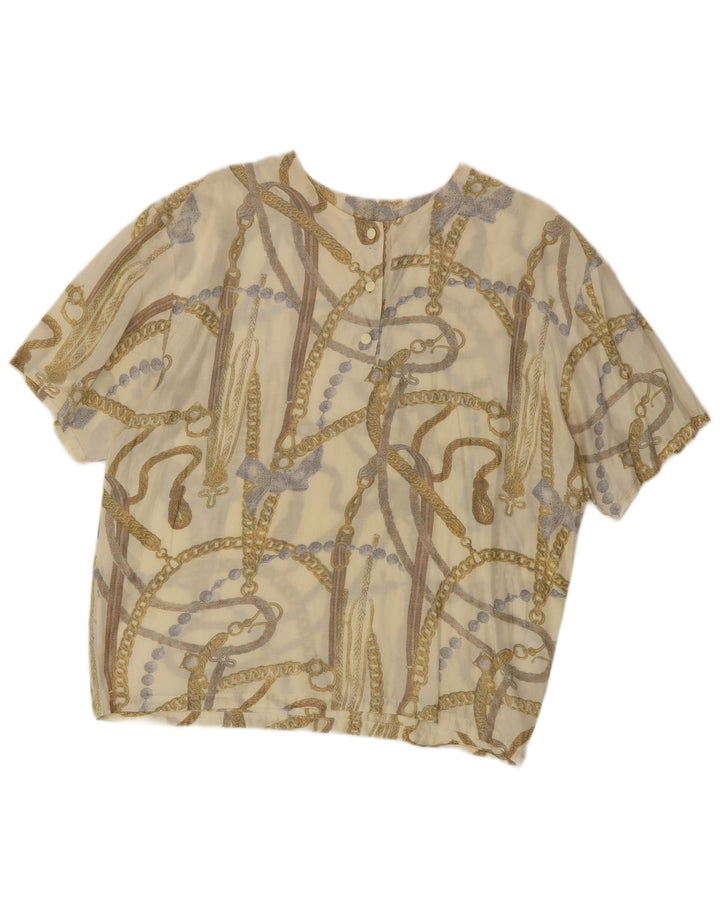 Blusa feminina VINTAGE com padrão abstrato Reino Unido 16 grande bege acrílico