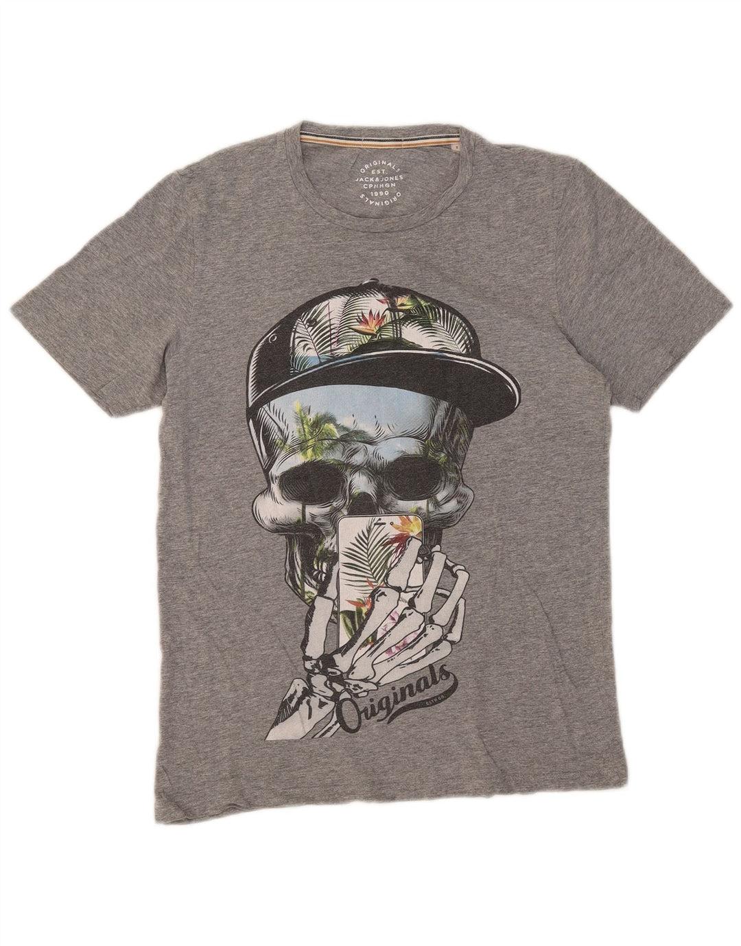 Camiseta masculina JACK & JONES com estampa gráfica pequena cinza manchada