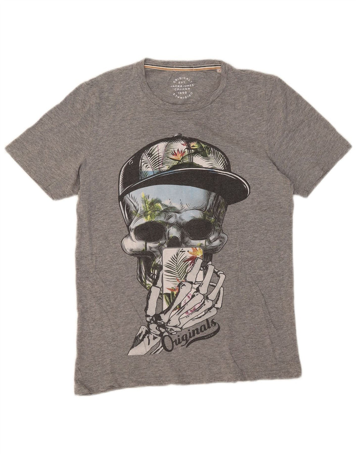 Camiseta masculina JACK & JONES com estampa gráfica pequena cinza manchada