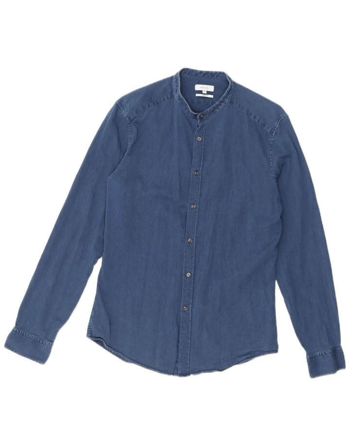 Camisa masculina Reiss Slim Fit de algodão azul médio