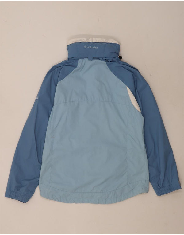Jaqueta de chuva feminina com capuz grande Columbia UK 10 pequeno bloco colorido azul
