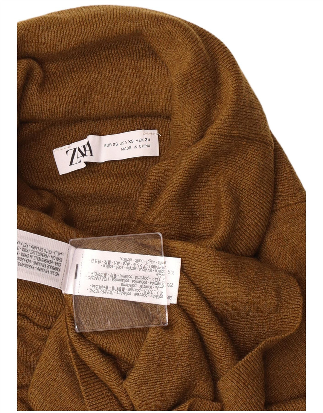 Suéter feminino Zara com gola redonda UK 4 XS cáqui poliéster