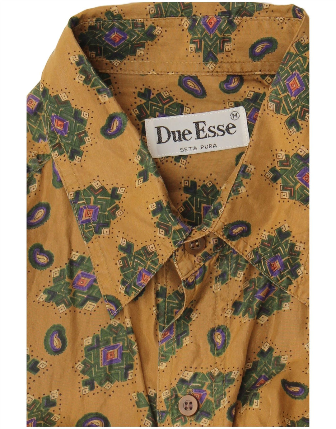 Camisa masculina vintage de manga curta seda geométrica bege médio