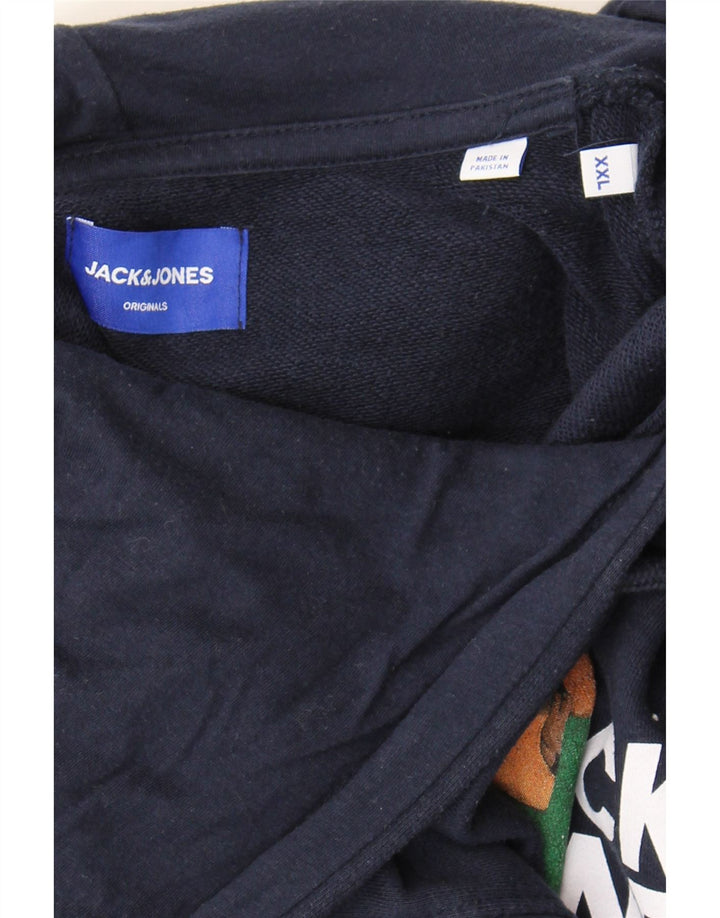 JACK & JONES Mens Graphic Hoodie Jumper 2XL Navy Blue Cotton Vintage Jack & Jones and Second-Hand Jack & Jones from Messina Hembry 