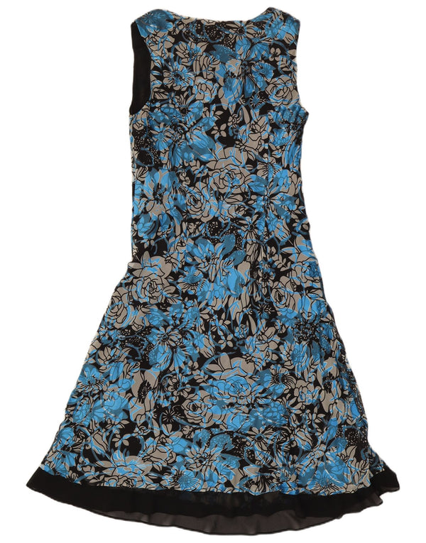 Vestido feminino Jacques Vert sem mangas evasê UK 14 grande azul floral viscose