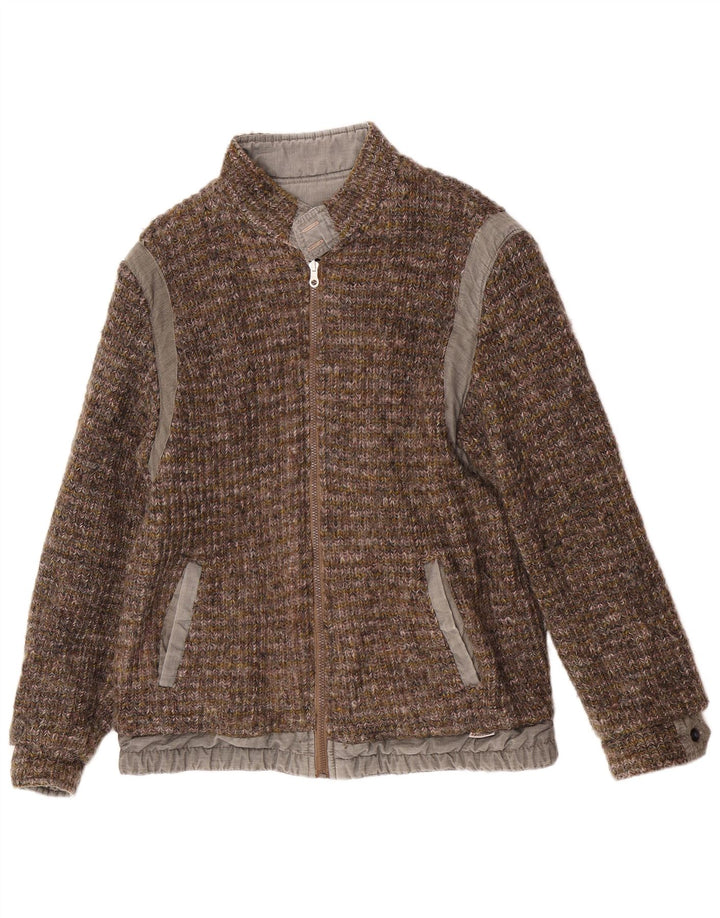 Jaqueta bomber reversível de malha masculina vintage IT 46 lã marrom pequena