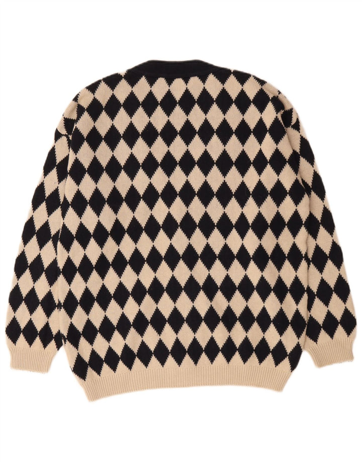 Suéter cardigã gráfico masculino vintage médio bege argyle/algodão diamante