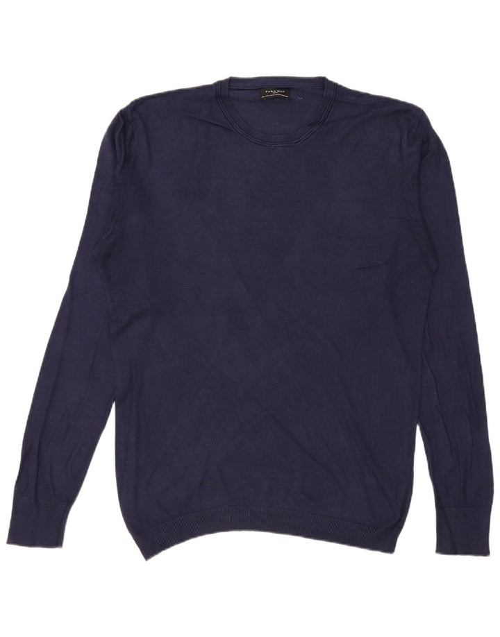 Zara Suéter masculino com gola redonda grande azul marinho