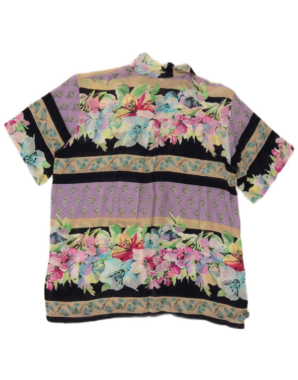 Blusa feminina VINTAGE de manga curta UK 14 grande floral multicolorida