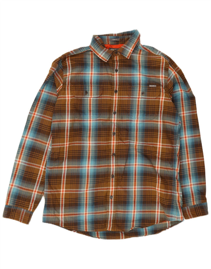Camisa masculina de flanela de ajuste clássico alto Eddie Bauer grande poliéster xadrez marrom