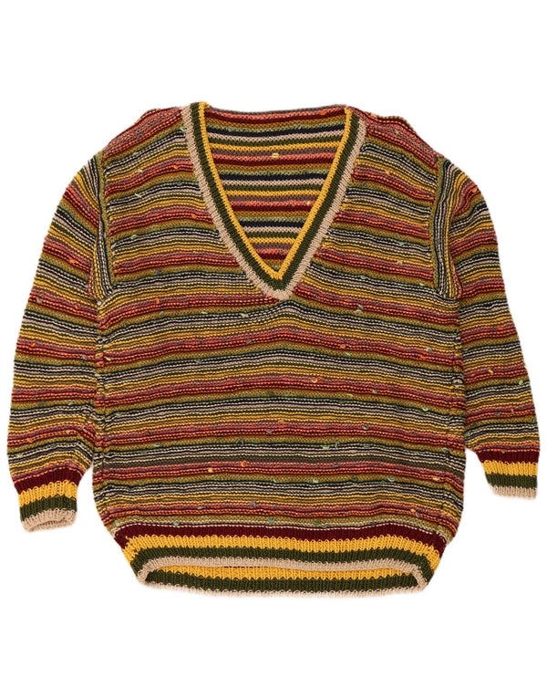 Suéter feminino vintage com decote em V UK 16 grande listrado multicolorido