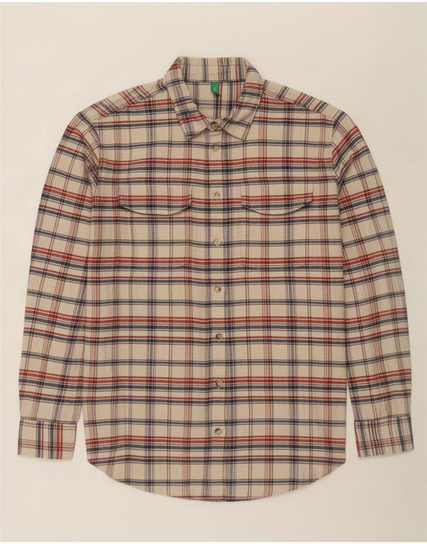 Camisa feminina de flanela Benetton Reino Unido 16 grande algodão xadrez branco