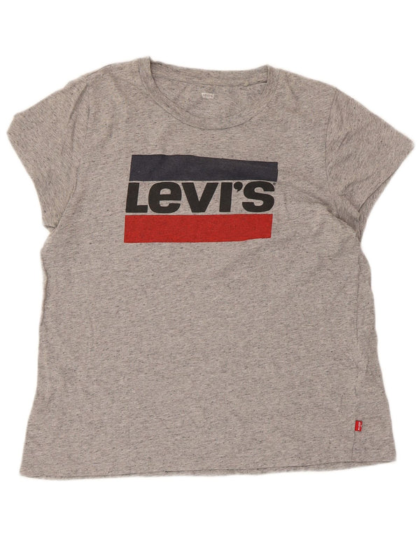 Camiseta feminina gráfica LEVI'S UK 14 grande algodão manchado cinza