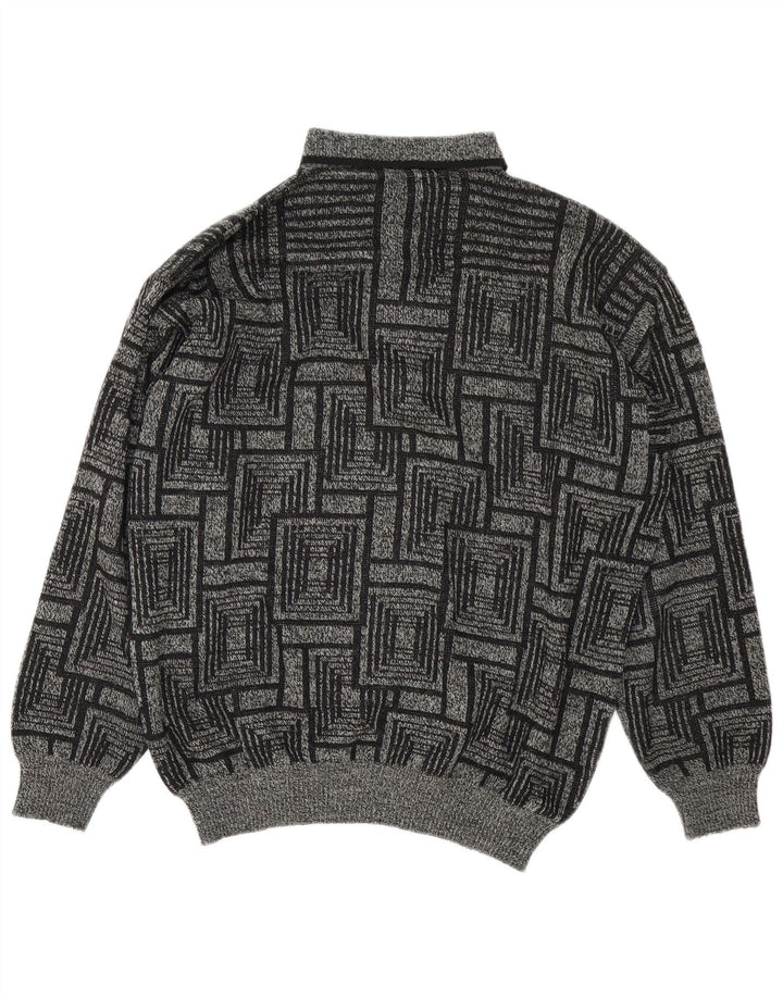 Suéter vintage masculino com gola polo e grande cinza geométrico