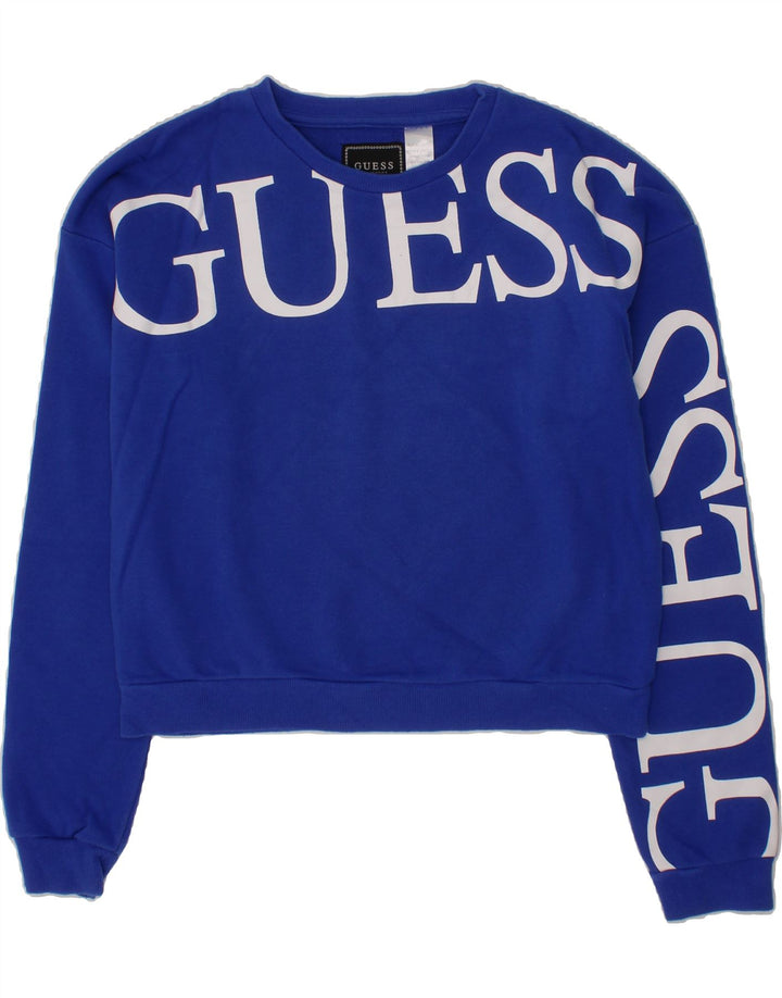 GUESS Girls Crop Graphic Sweatshirt Jumper 11-12 Years Blue Cotton Vintage Guess and Second-Hand Guess from Messina Hembry 