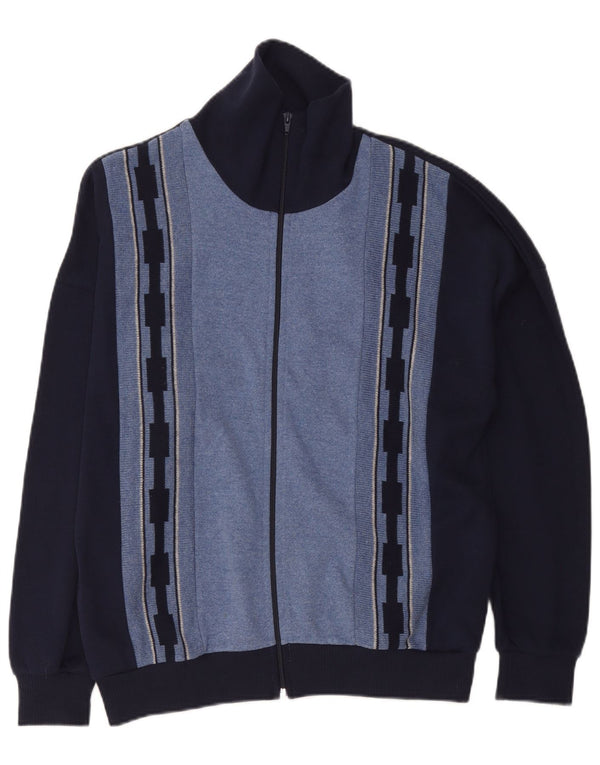 Suéter cardigã masculino vintage UE 50 algodão colorblock azul marinho médio