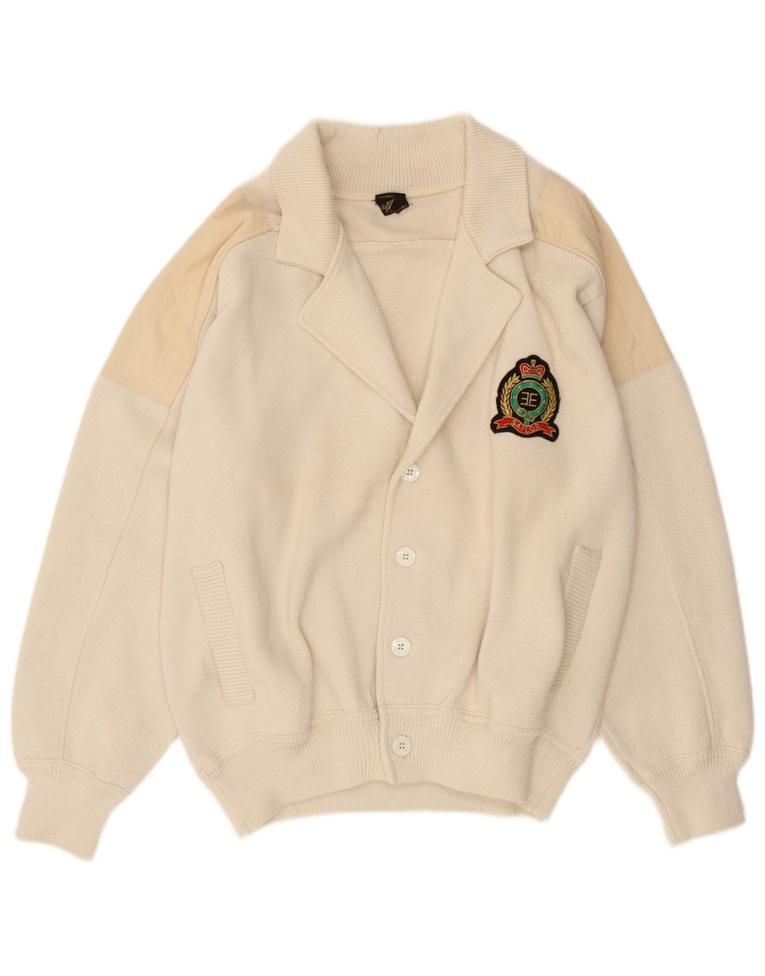 Suéter cardigã masculino VINTAGE de lã colorblock branco médio