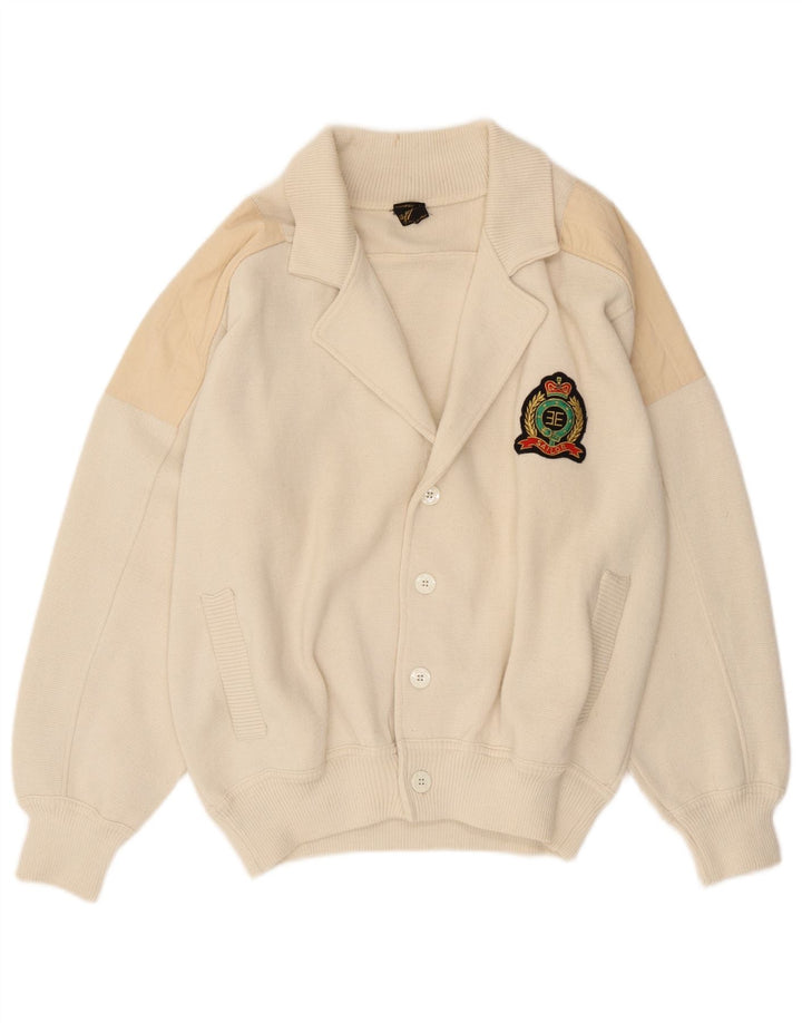 Suéter cardigã masculino VINTAGE de lã colorblock branco médio