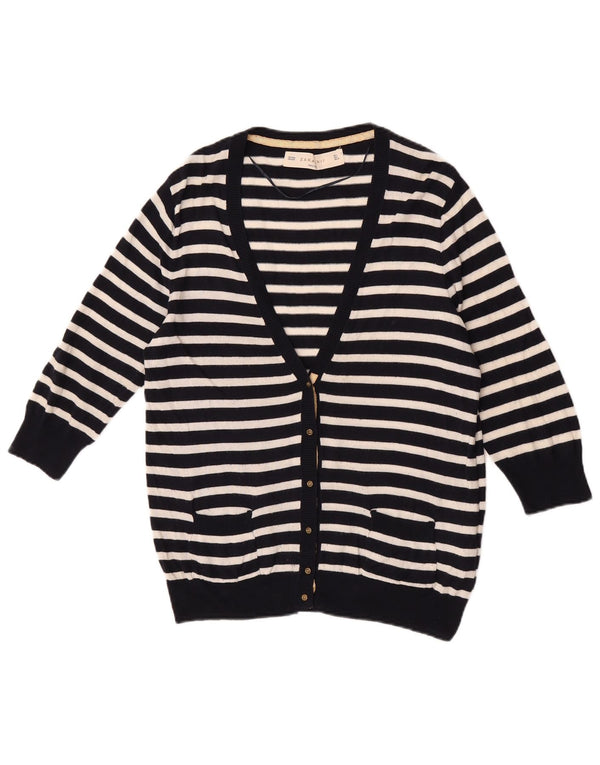Suéter cardigã feminino Zara manga 3/4 Reino Unido 14 grande listrado azul marinho