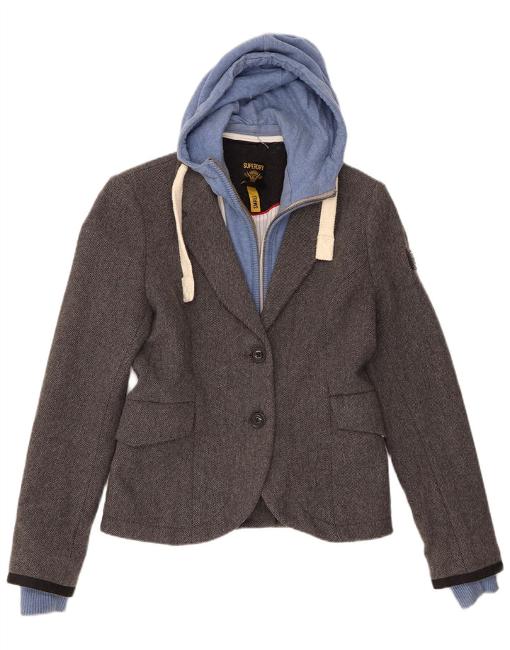 Jaqueta blazer feminina Superdry com capuz de 2 botões Reino Unido 10 pequena lã cinza