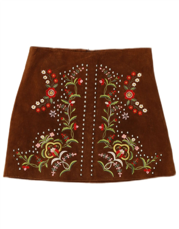 Saia feminina de camurça Zara pequena W26 couro floral marrom