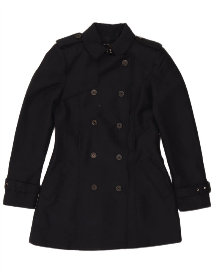 Trench Coat feminino Zara com peito duplo Reino Unido 10 pequeno poliéster azul marinho
