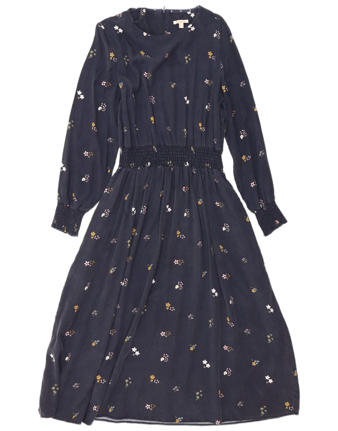 Vestido feminino BARBOUR manga comprida evasê Reino Unido 12 médio azul marinho floral
