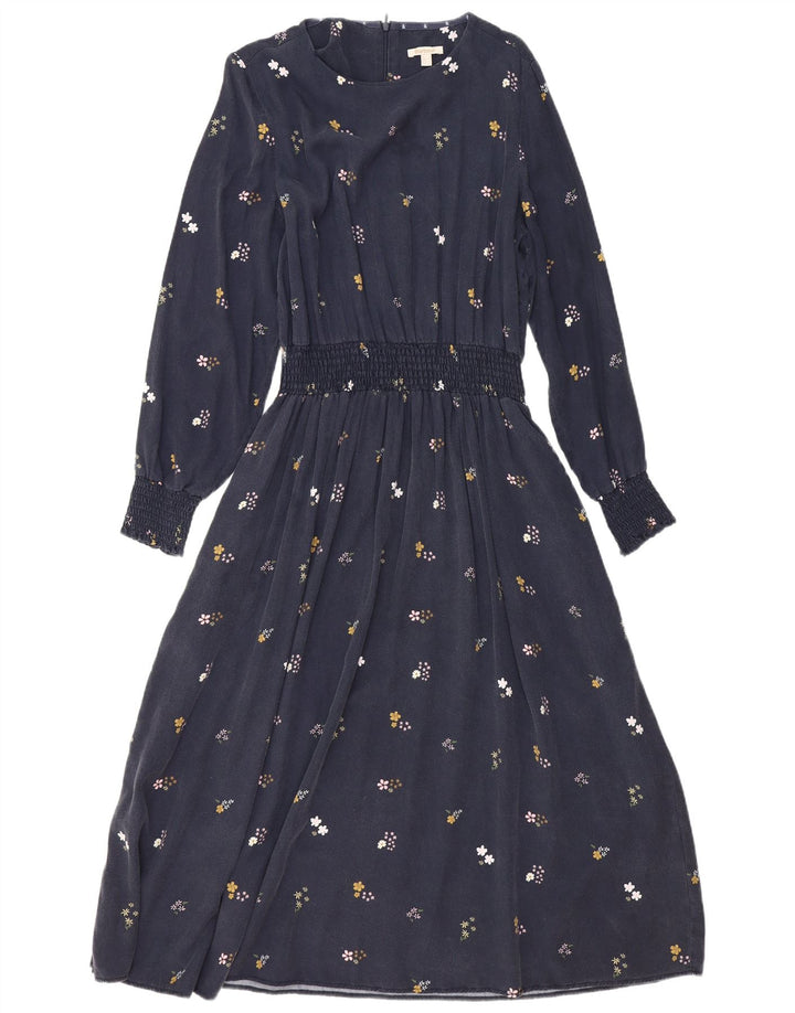 Vestido feminino BARBOUR manga comprida evasê Reino Unido 12 médio azul marinho floral