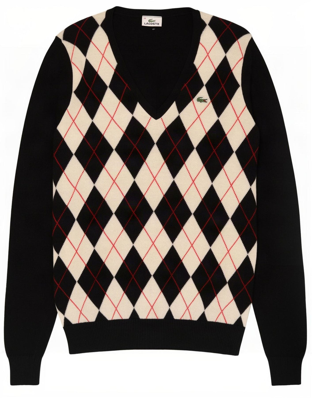 Suéter feminino Lacoste com decote em V tamanho 40 médio preto argyle/diamante