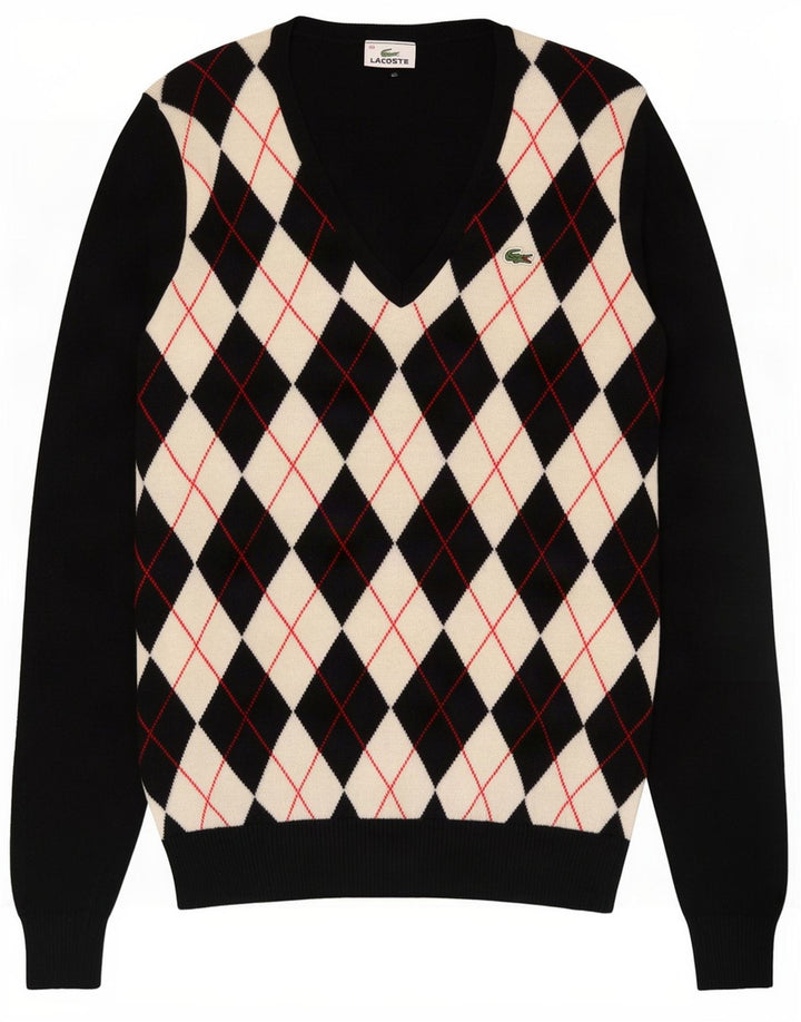 Suéter feminino Lacoste com decote em V tamanho 40 médio preto argyle/diamante