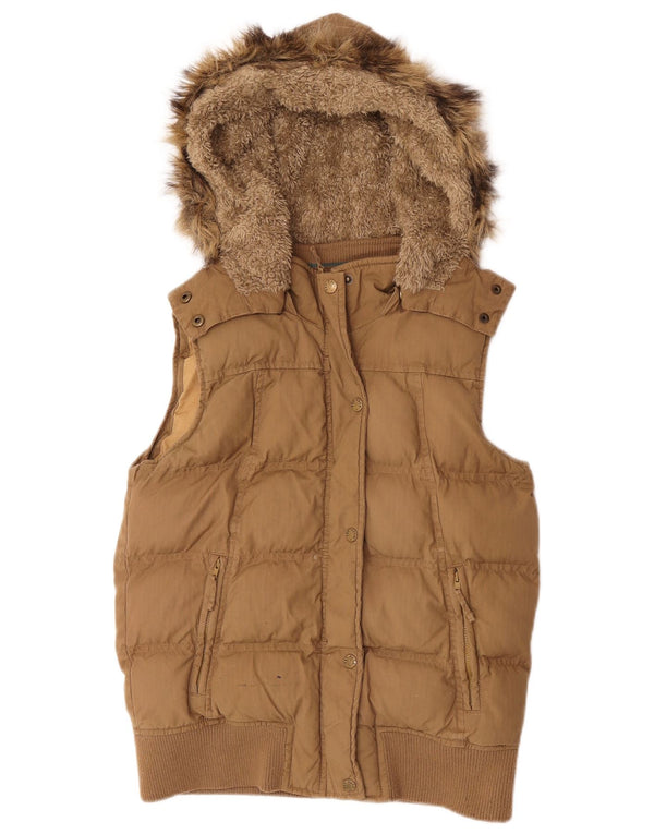 Colete acolchoado com capuz feminino Fat Face UK 8 algodão bege pequeno
