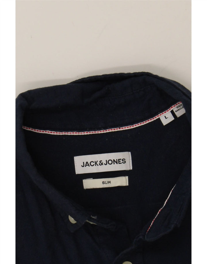 JACK & JONES Mens Slim Shirt Large Navy Blue Cotton Vintage Jack & Jones and Second-Hand Jack & Jones from Messina Hembry 