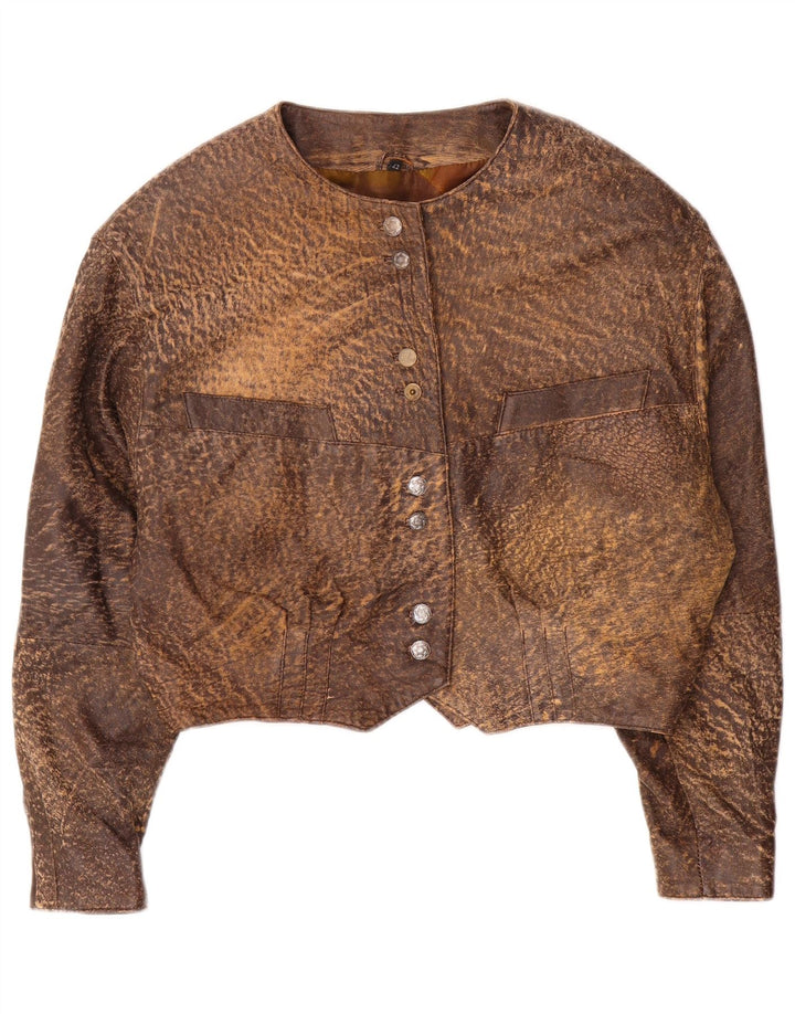 Jaqueta de couro vintage feminina IT 42 couro marrom médio com estampa animal