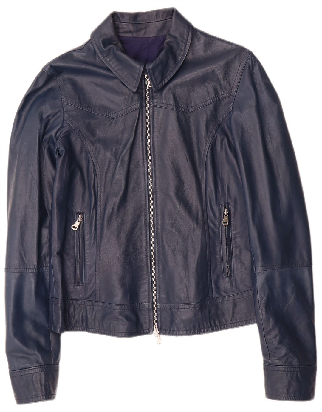 Jaqueta de couro vintage feminina UK 14 grande couro azul marinho