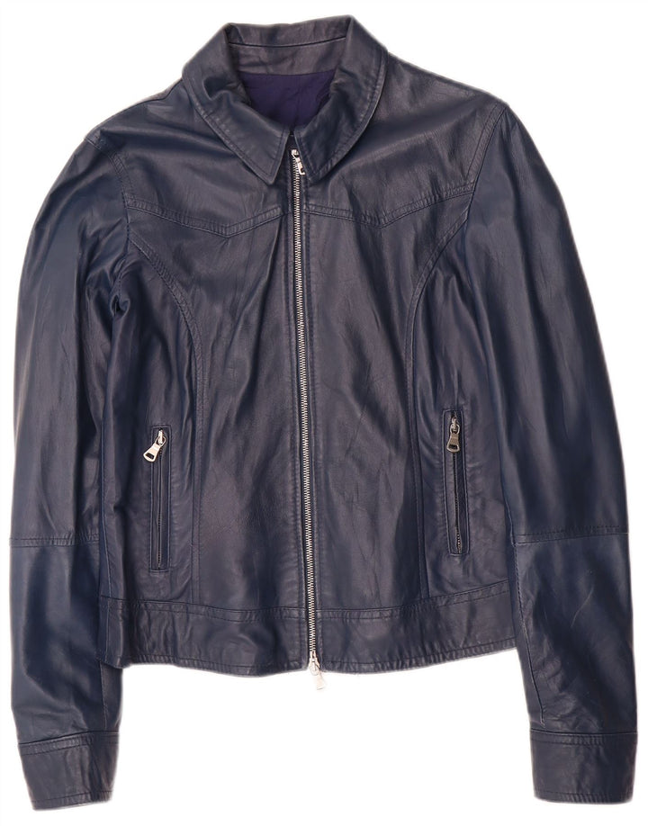 Jaqueta de couro vintage feminina UK 14 grande couro azul marinho