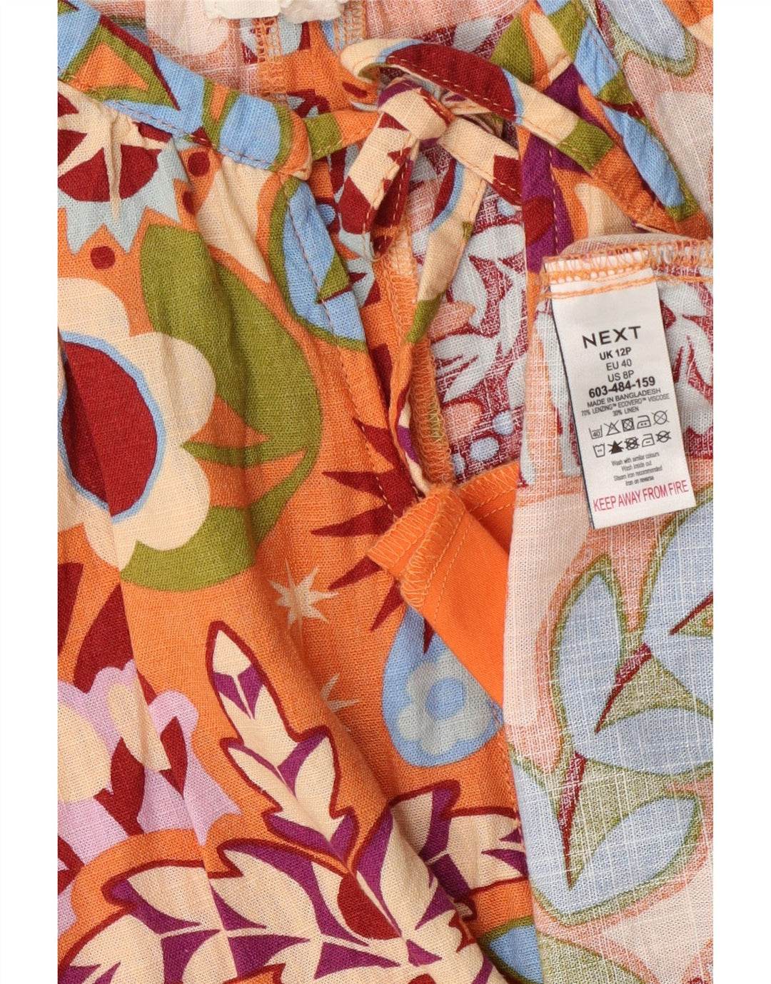 Próximo Vestido feminino com amarração frontal em linha A UK 12 viscose floral laranja médio