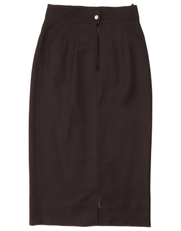 Saia midi feminina vintage de cintura alta Reino Unido 10 pequena W26 lã preta