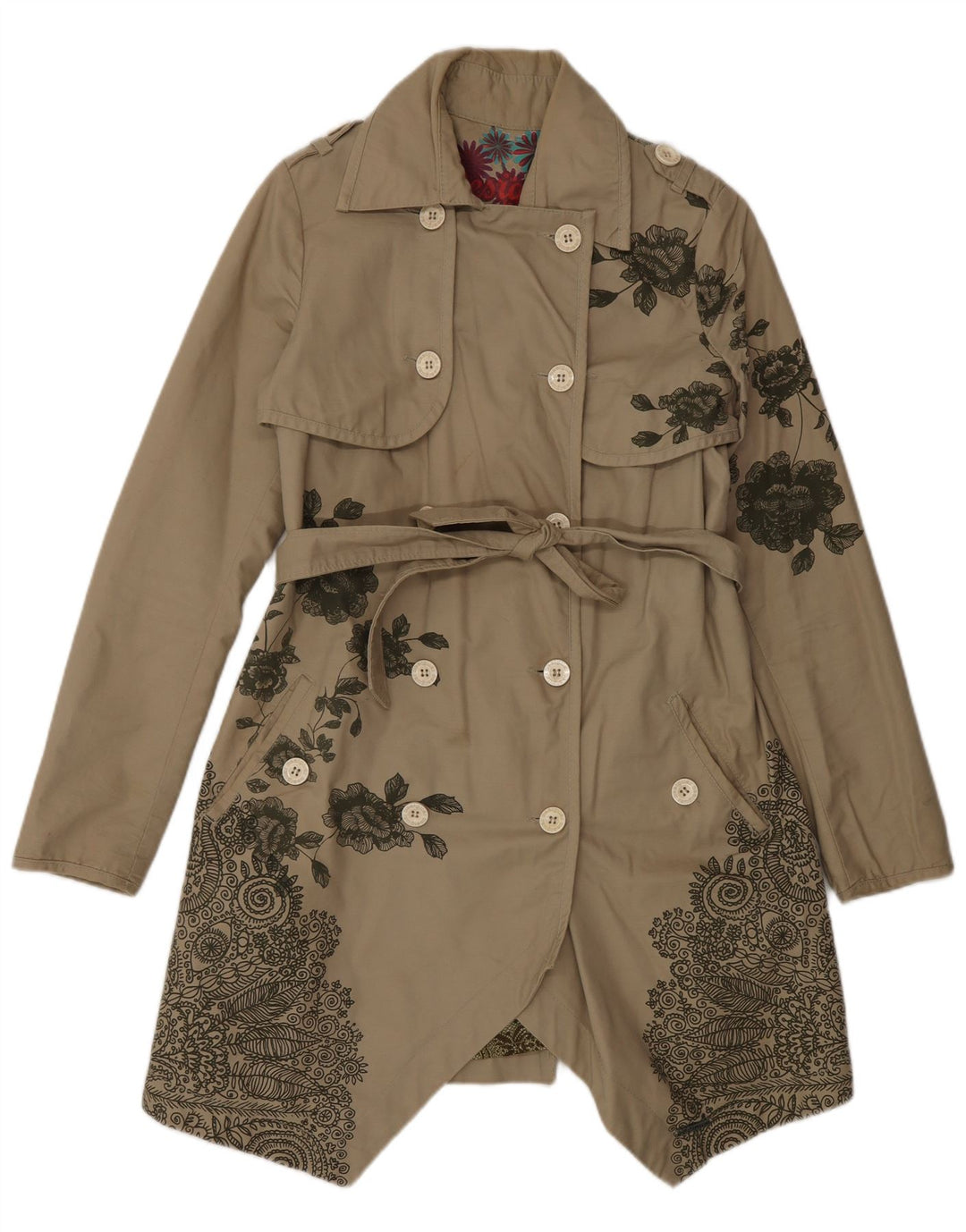 Trench coat feminino Desigual duplo breasted UE 38 médio bege floral