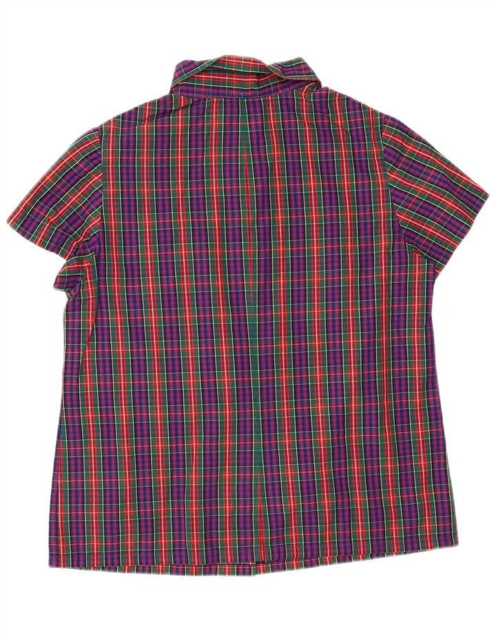 Camisa feminina vintage de manga curta UK 14 média xadrez multicolorida
