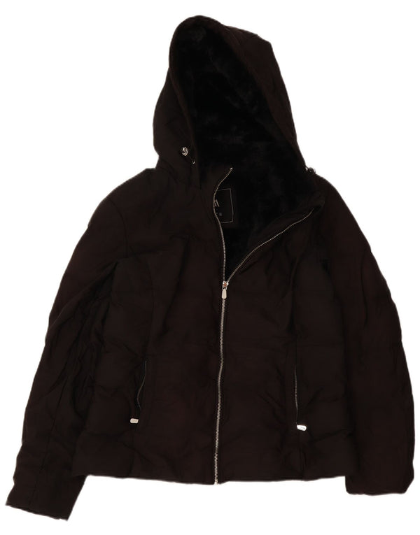 Jaqueta acolchoada com capuz feminina Zara UK 14 grande poliéster preto