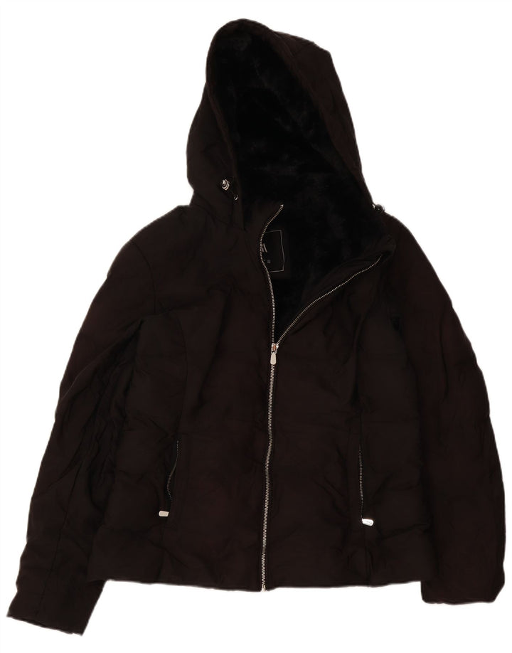 Jaqueta acolchoada com capuz feminina Zara UK 14 grande poliéster preto