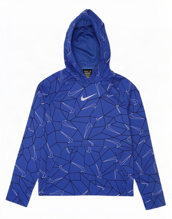 Nike Boys Therma-Fit Graphic Hoodie Jumper 12-13 Years Large Blue Polyester